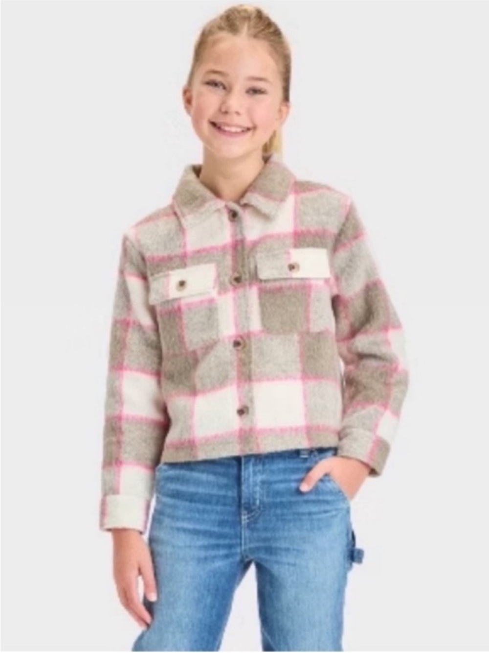 NWT Cat & Jack Girl’s Jacket Size XS 4/5 Pink Tan Cropped Plaid Fall Shacket